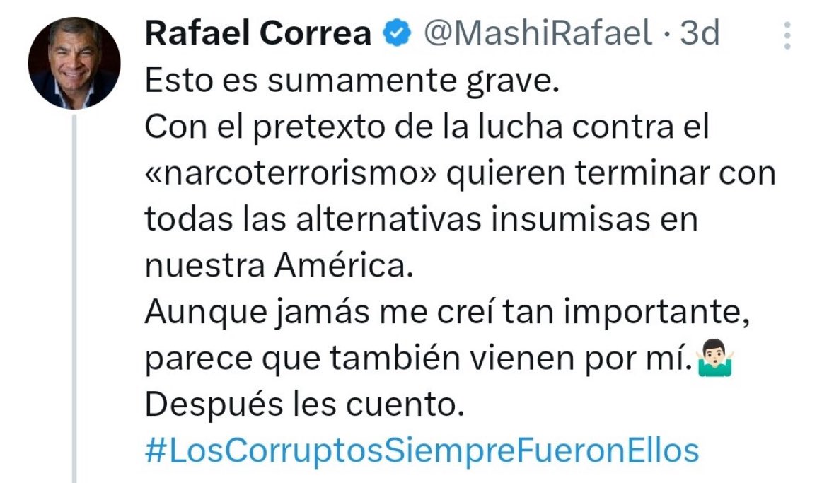 NO es por que eres importante, es por que eres un DELINCUENTE. 

Te veremos de rodillas y con las manos esposadas <a href="/MashiRafael/">Rafael Correa</a>