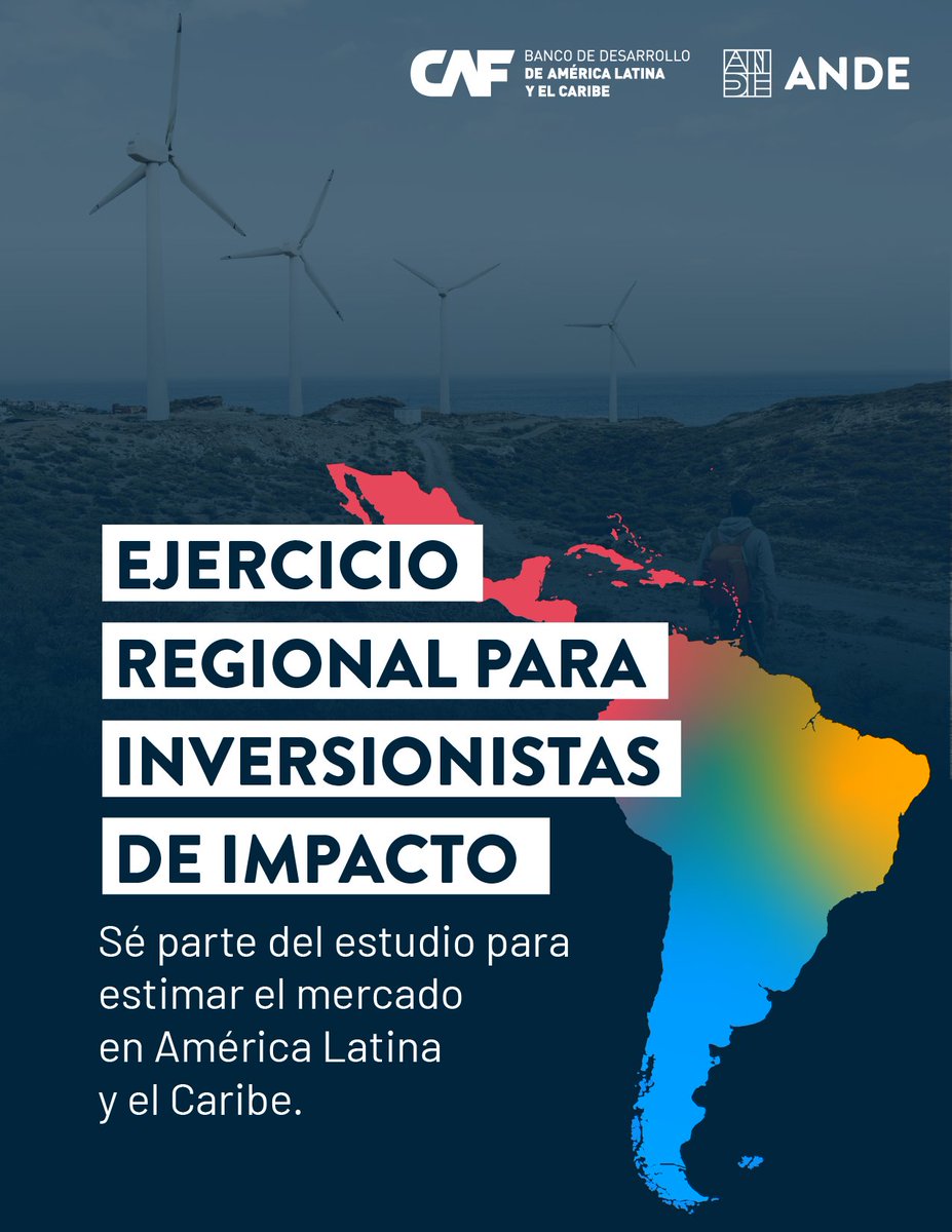 AgendaCAF's tweet photo. ¿Eres inversionista de impacto?
@ANDE_Latam y CAF impulsan una encuesta para estimar el mercado de inversión de impacto en América Latina y el Caribe. La información será clave para fortalecer el ecosistema, mejorar la toma de decisiones y apoyar el diseño del primer fondo de inversión de impacto de CAF en la región.

Participa aquí:👇
https://t.co/HxqXMurTXj
