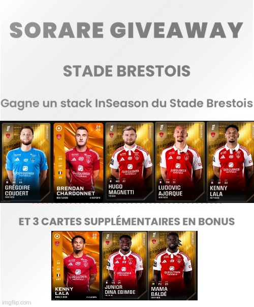 #Sorare GIVEAWAY Stade Brestois 🔴⚪

Pour fêter la victoire du <a href="/SB29/">Stade Brestois 29</a> face à l'OM, j'offre un stack brestois pour jouer la compétition Ligue 1 de <a href="/Sorare/">Sorare</a> ⚽ 

Intéressant pour ce weekend face à Metz 👀

Pour participer:
Follow <a href="/Freesorare/">Freesorare</a> et <a href="/SorareClub_FR/">SorareClub_FR</a>
Like &amp; RT
Tag 2 friends