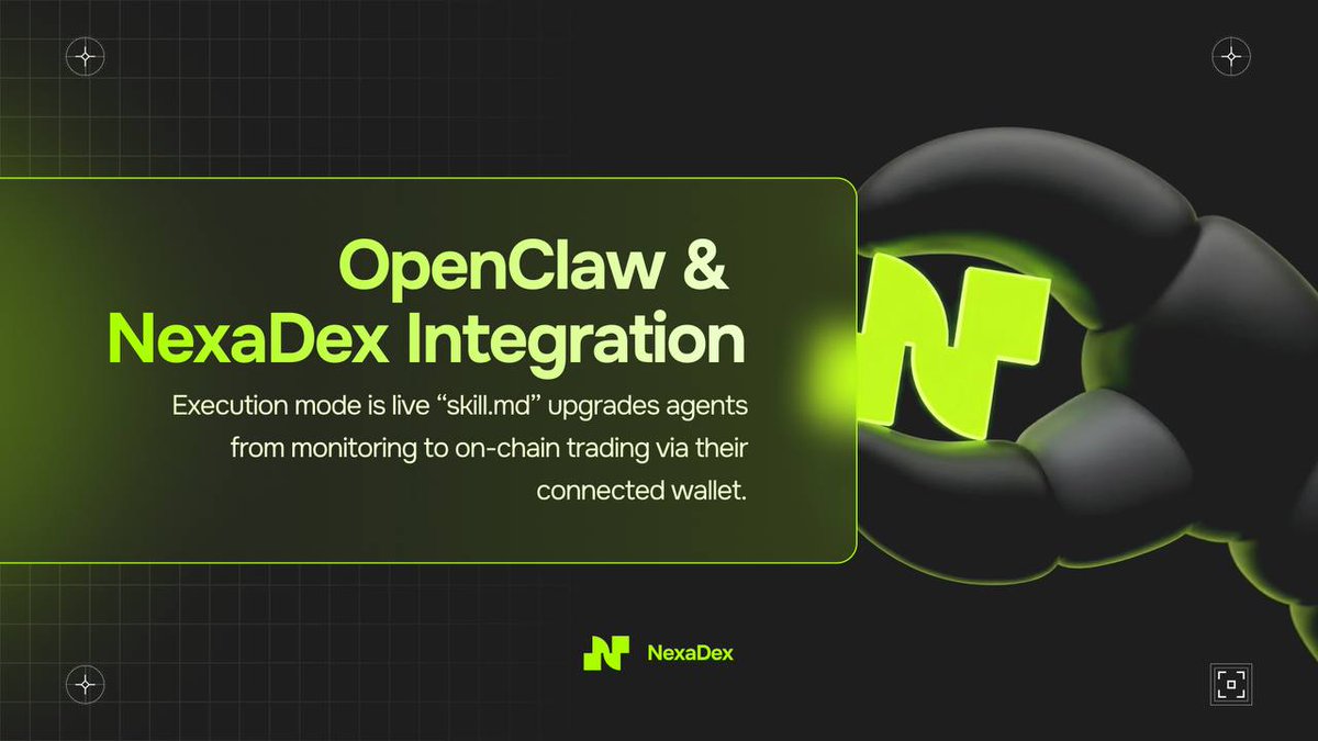 UseNexaDex's tweet image. OpenClaw x NexaDex Integration⚡

Execution mode is now live.

The new  file enables direct NexaDex access inside your agent, upgrading it from passive monitoring to active on chain trading.

Your agent can now
• Execute Perps, Spot and Commodities
