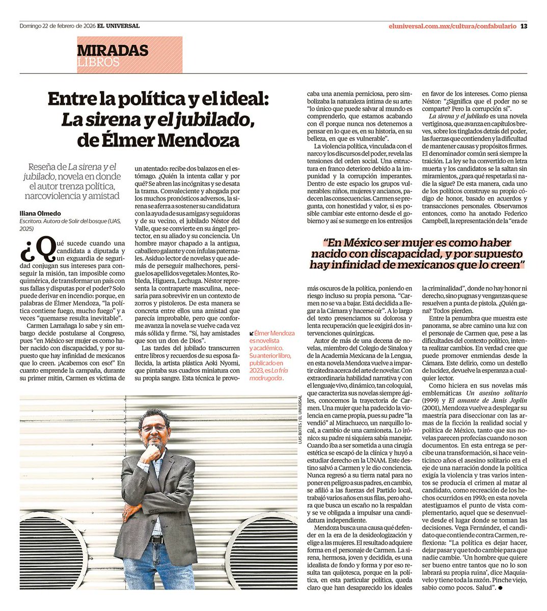 ¿Qué pasa cuando la política se enfrenta con el ideal? ¿Cómo transformar un país? ¿Es posible? Estas son algunas de las preguntas que plantea <a href="/ElmerMendozaV/">Elmer Mendoza</a>  en su nueva novela. Aquí una reseña. <a href="/VF_AgenciaLit/">VF Agencia Literaria</a> <a href="/ConfabularioMx/">Confabulario</a>  interactivos.eluniversal.com.mx/confabulario/2…