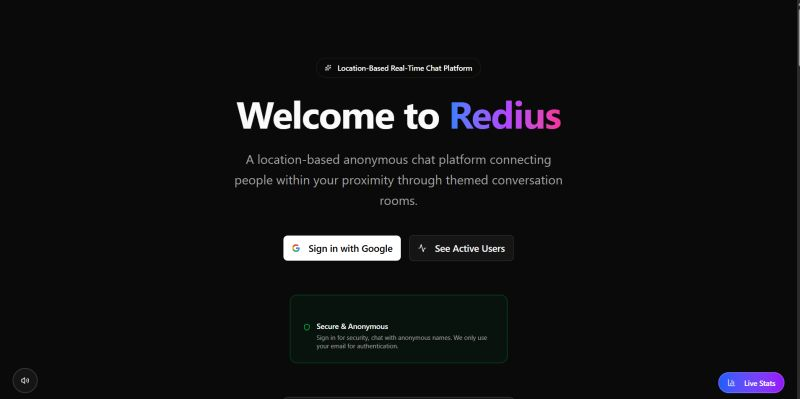 Devashish6363's tweet photo. Built something new — Redius (https://t.co/71yX7PFvWR)

A location-based real-time chat app where you can join conversations happening around you. Chat anonymously, discover nearby rooms, and just talk.

Inspired by @Hiteshdotcom  Sir’s Chugli concept.
Would love your feedback. https://t.co/imnEqmUR11
