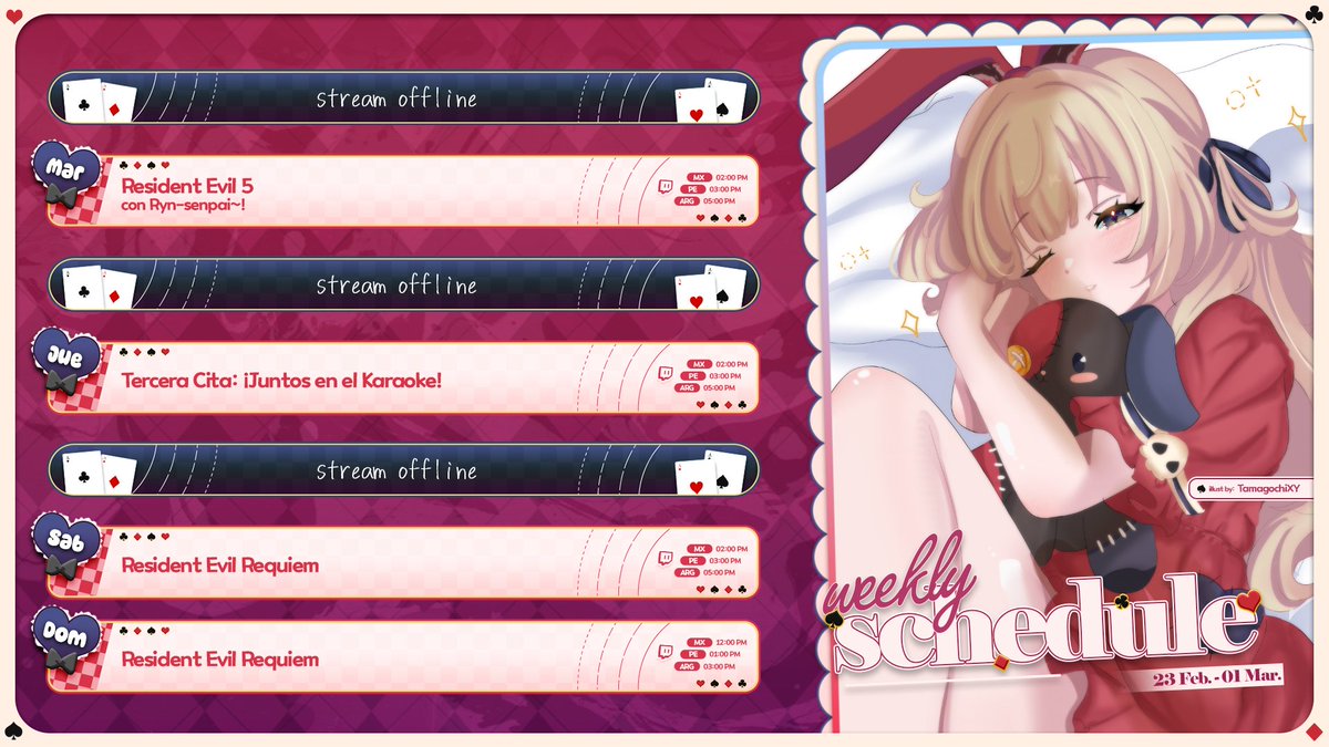 𓊆 🎀 Horario Semanal 🎀 𓊇 
⊹₊˚︵‿︵‿₊୨ᰔ୧₊‿︵‿︵˚₊⊹ 
Semana del 23 de Febrero - 01 de Marzo
 
Yaho! Soy #AiriLockheart, 2da generación de
<a href="/PortalS_WDN/">PortalS</a>. 🐰✨ vengo saltando a conquistar tu corazón, ¡Pyon! ♡₊

𔓕   ៸៸ 𝂅 linktr.ee/airilockheart