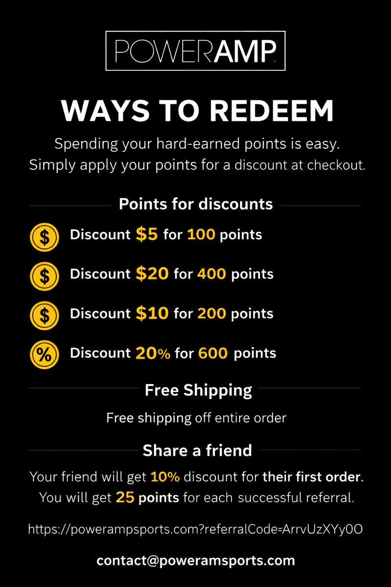 PowerAMPSports1's tweet photo. Turn your points into power 💪⚡
Redeem your PowerAMP Rewards for instant discounts, free shipping &amp; more!

🎁 $5 off – 100 points
🎁 $10 off – 200 points
🎁 $20 off – 400 points
🎁 20% off – 600 points
🚚 Free shipping available

🔗 Start earning now:
https://t.co/O9MxU9Bwjk https://t.co/ui63PwTsXo