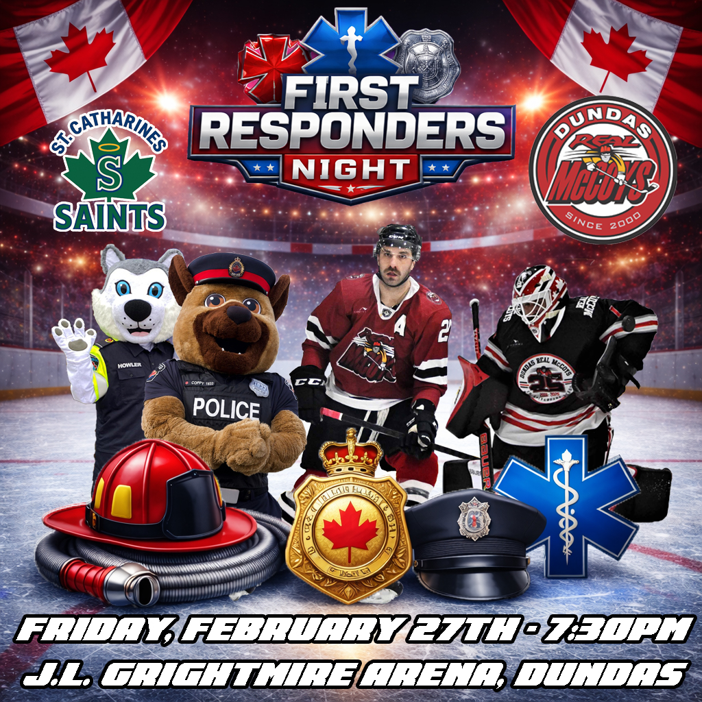 DundasRealMcCoy's tweet photo. 🚨 REGULAR SEASON FINALE 🚨

The McCoys host the St. Catharines Saints Friday night at J.L. Grightmire Arena.

💥 A WIN = PLAYOFFS
🚒 First Responders Night
Let’s honour our local heroes &amp; pack the barn.
📅 Feb 27
⏰ 7:30pm

Dundas — we need you LOUD.
Player pics by Paul Wright https://t.co/QsRo2zOV4L