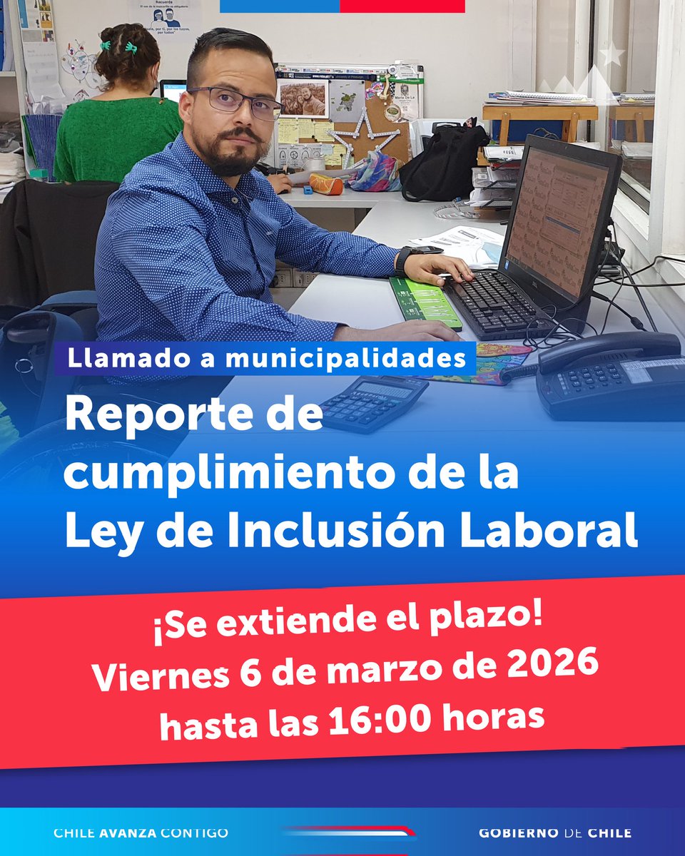 📌 Senadis extiende el plazo a todas las municipalidades del país para el reporte de cumplimiento de Ley de Inclusión Laboral de personas con discapacidad.
✅️ Nueva fecha hasta el viernes 6 de marzo hasta las 16:00 horas. A través plataforma  ley21015.senadis.cl