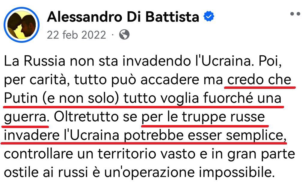 Alla vigilia del quarto anniversario dell’invasione dell’Ucraina da parte di Putin, ricordiamo: 1) l’esercito di Kiev continua a difendersi e i russi non avanzano trionfanti 2) il povero Dibba, as usual, non ci aveva capito una ceppa. Assolto per non aver compreso il Fatto.
