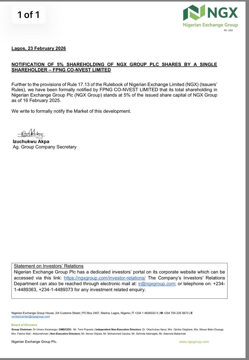 <a href="/ngxgrp/">Nigerian Exchange Group</a> informed the investing public of this company FPNG CO-NVEST LTD as having taken a 5 percent shareholding position of the <a href="/ngxgrp/">Nigerian Exchange Group</a> . While we commend the <a href="/ngxgrp/">Nigerian Exchange Group</a> for this timely disclosure, we would appreciate as shareholders if we have disclosure more about this company