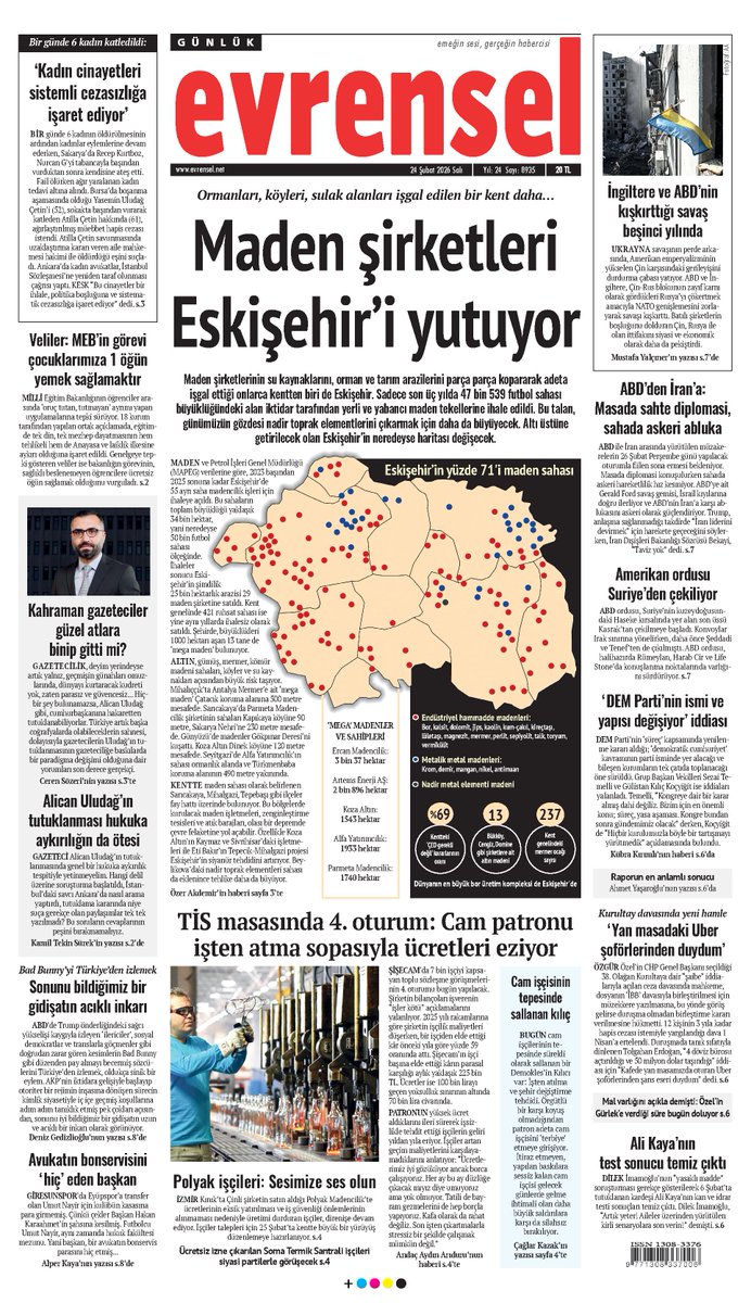 🗞️ Maden şirketleri Eskişehir’i yutuyor

Maden şirketlerinin su kaynaklarını, orman ve tarım arazilerini parça parça kopararak adeta işgal ettiği onlarca kentten biri de Eskişehir. Sadece son üç yılda 47 bin 539 futbol sahası büyüklüğündeki alan iktidar tarafından yerli ve