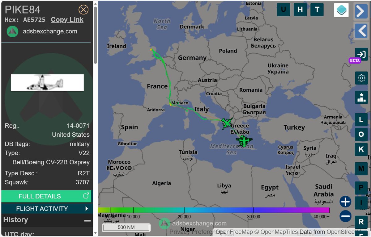 Saint1Mil's tweet photo. Four Ospreys🇺🇸 c/s PIKE Flt left RAF Mildenhall 🇬🇧 this morning, looking at the open tracking its likely Souda Bay, Crete was their destination. The Ford Carrier is there too. #IranOp https://t.co/RJmA6fZfsN