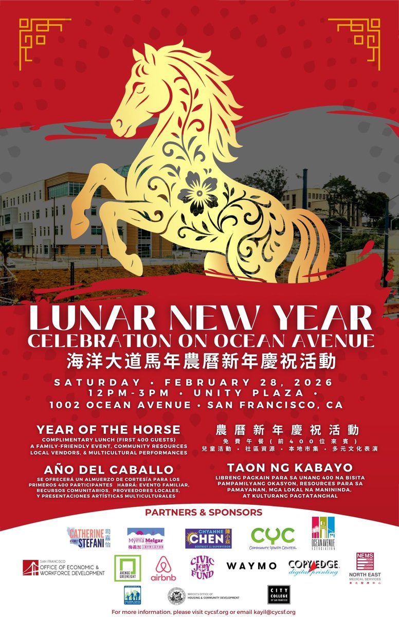 Next Saturday 🧧🐎 Join the Ocean Avenue Lunar New Year Celebration (2/28) honoring the Year of the Horse! Cultural performances, arts &amp; crafts, local vendors + $10 vouchers for participating businesses (while supplies last).Free &amp; family-friendly. RSVP link in bio! #LunarNewYear