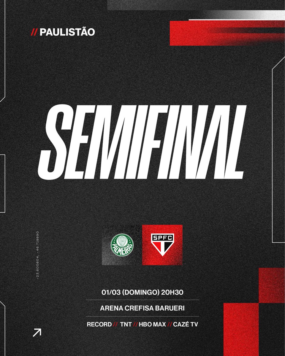Data definida! Domingo tem Choque-Rei valendo vaga na final do Paulistão!

⚽️ Palmeiras x São Paulo 
🗓️ 01/03 (domingo)
⏰ 20h30
🏟️ Arena Crefisa Barueri
📺 Record, TNT, HBO Max e Cazé TV

#VamosSãoPaulo 🇾🇪