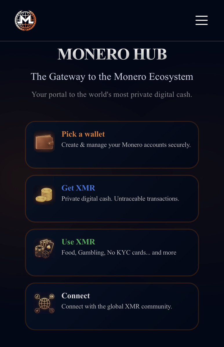 New <a href="/MoneroHub/">XMRHub</a> update! 🗣️

Lots of polishing and blog overhaul. Next update will include complete overhaul of the shop tab and many.. many other things 

Trying to close the gap on the fact that many people don’t know what $XMR is, the information is so spread out and not user