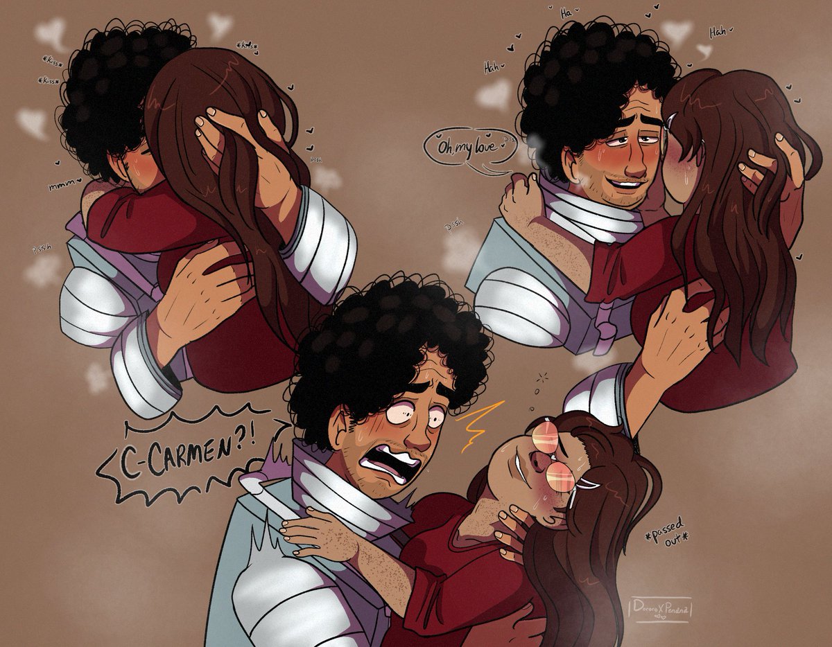DPenana's tweet photo. Finally finished these silly doodles for my fanfic, poor Carmen runs pretty warm so when overheated she'll kiiiinda pass out 😭✨

#dateeverythinggame 
#hectorvalentinoairnestocondicionado #ocxcanon https://t.co/JrQxPzeTmF