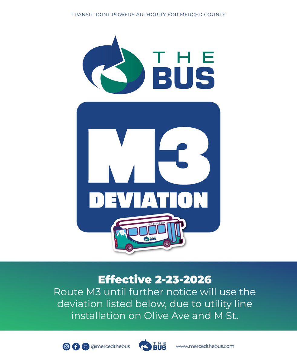 mercedthebus's tweet photo. 🚨 Route Deviation Notice from The Bus 🚨

Route M3 until further notice will use the deviation attached, due to utility line installation on Olive Ave and M St. The deviation should be completed on Tuesday 2-24-2026.

#ridethebus https://t.co/OXBVjQzJ4E