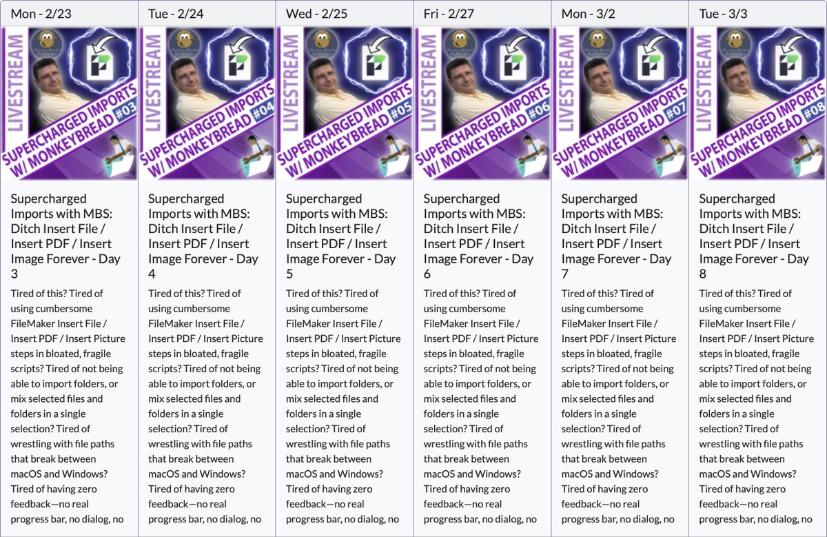 This week on the FMTraining live broadcast:  

Supercharged Imports with MBS: Ditch Insert File / Insert PDF / Insert Image Forever
with Nick Hunter

Let's see what Nicolas Hunter does in #FileMaker with our plugin.

Daily 1 PM Pacific or 22:00 CEST

fmtraining.tv/#LIVE