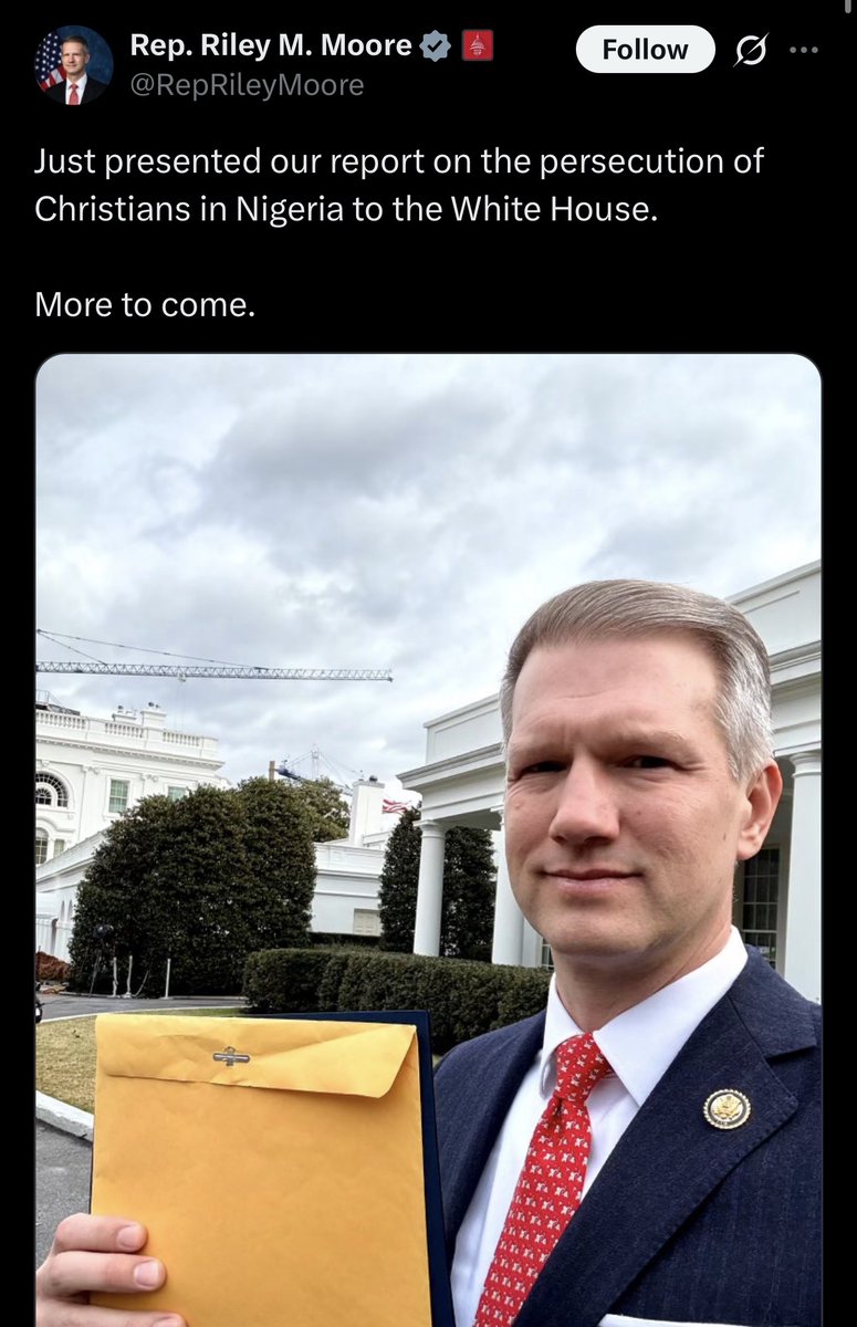 NigeriaStories's tweet photo. BREAKING: USA ๐บ๐ธ Rep. Riley M. Moore submits report on the persecution of Christians in Nigeria ๐ณ๐ฌ to the White House. https://t.co/mNO1Ru2fdV