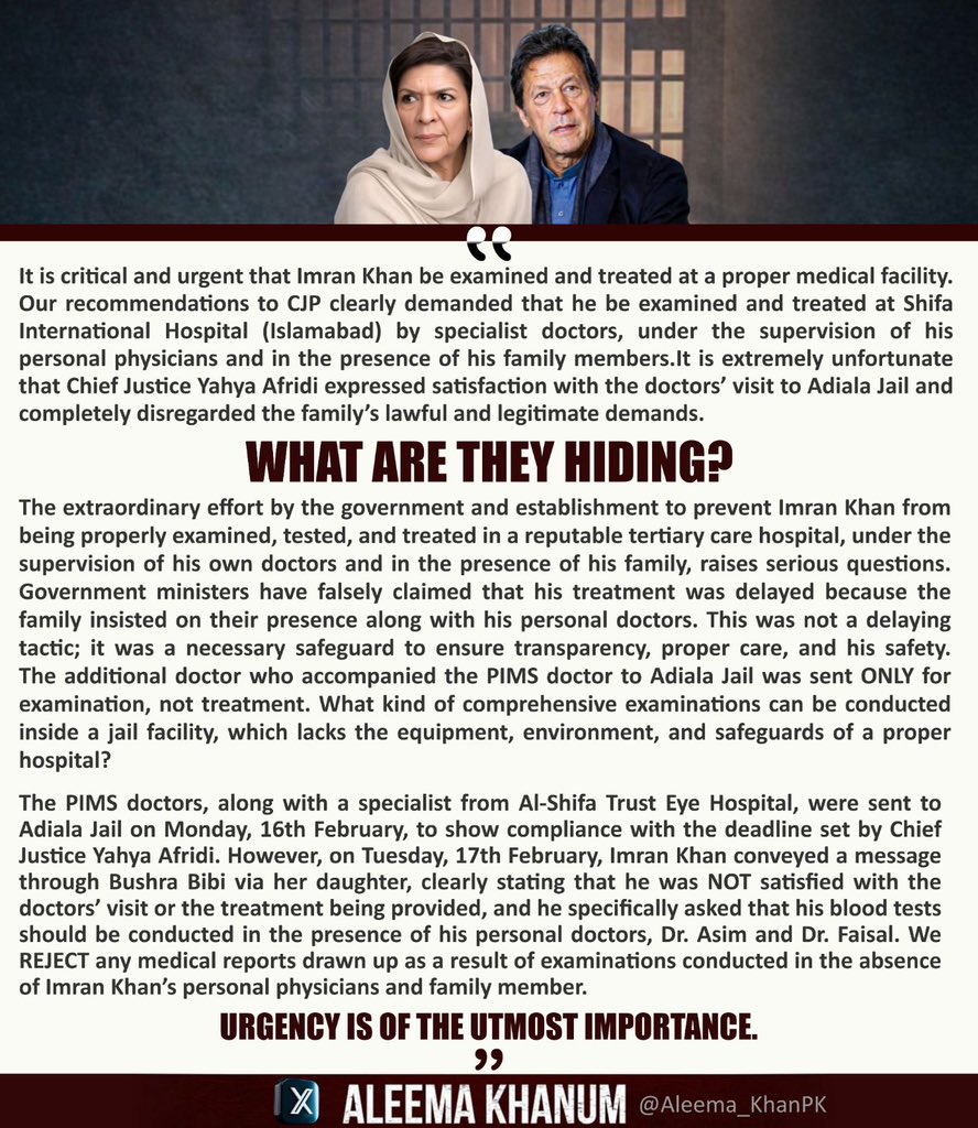 Urgent Global Demand: #ShiftKhanToShifaInternational

Imran Khan should be treated at Shifa International Hospital (Islamabad) by specialist doctors, under the supervision of his personal physicians and in the presence of his family members.

All Govt reports are rejected!