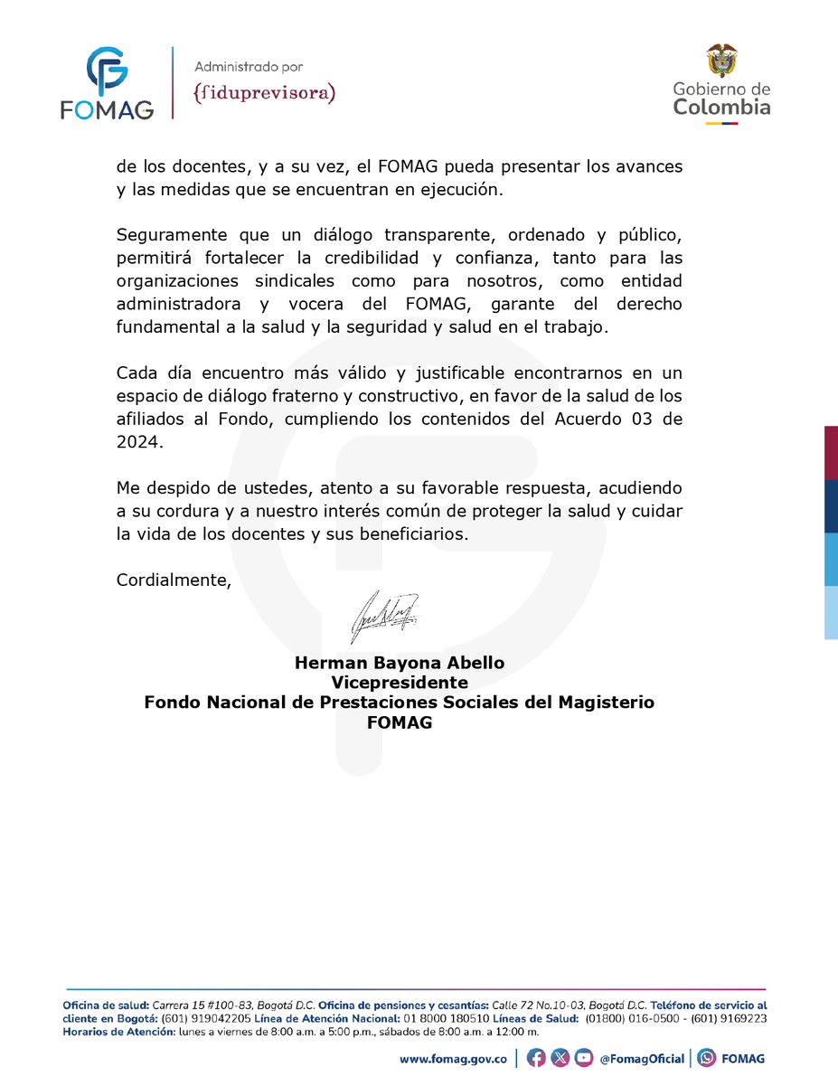 Desde Medellín, Herman Bayona Abello(<a href="/BayonaHerman/">Herman Bayona</a>), vicepresidente del FOMAG, agradece al Comando Departamental de Paro por la Salud del Magisterio en Antioquia (ADIDA, ASDEM, SINDIDMED, EDÚCATE, USDE, USCTRAB, USDIDEA y organizaciones beneficiarias del fondo ANEP) la