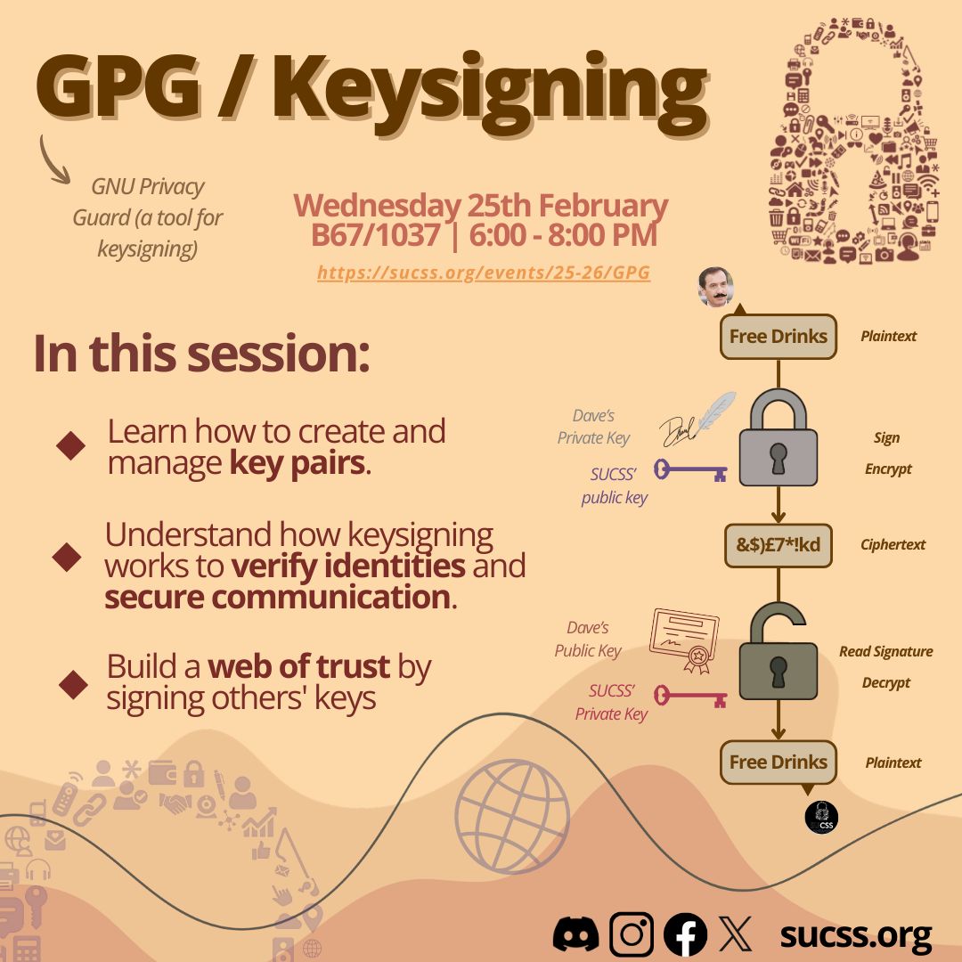 🔧 Prerequisites:
Windows: Install Gpg4Win.
Linux: Use sudo apt-get install gpg (plus Seahorse for a GUI).
MacOS: Install the GPG Toolkit.

Find out more at sucss.org

📆 When: 25 February
📍 Where: B67/1037
🕙 When: 6pm-8pm