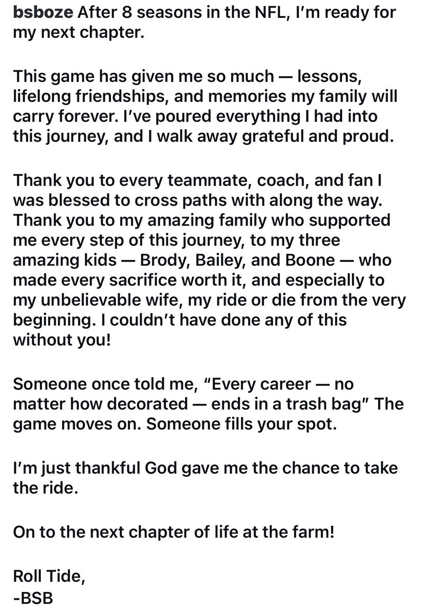 Long-time NFL C Bradley Bozeman announced his retirement on IG.