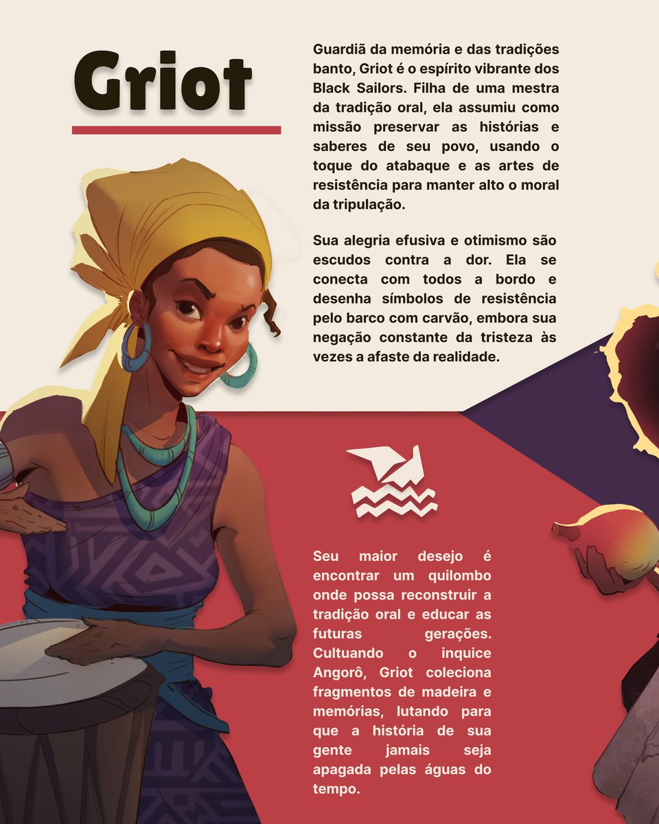 mandingagames's tweet photo. A memória e o futuro dos Black Sailors: Griot e Sem Nome. ✨🚢

Griot mantém o moral alto com seu atabaque, enquanto a pequena Sem Nome busca afeto e sua própria identidade no navio. 🥁🥭⛓️‍💥
 
#mondaymotivation #gamedev #indiegame #games
#blacksailors https://t.co/r3RdniPQG2