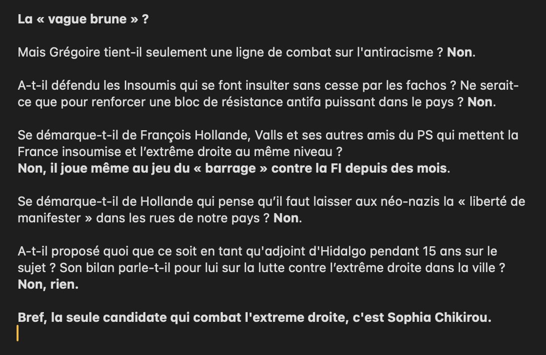 La seule candidate qui combat l'extrême droite à #Paris, c'est <a href="/chikirouparis/">Sophia Chikirou</a>.