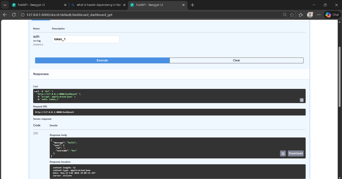 diwa810's tweet photo. Day 23 of #genAI+#Backend
Implemented header-based authentication using Dependency Injection in #FastAPI
Flow:
Request
→get_token()
→get_user()
→/dashboard
Used:
•Header()
•Depends()
•HTTPException
#Python #Backend #APIs #python #coding #Authantication https://t.co/bDfERrKUb4