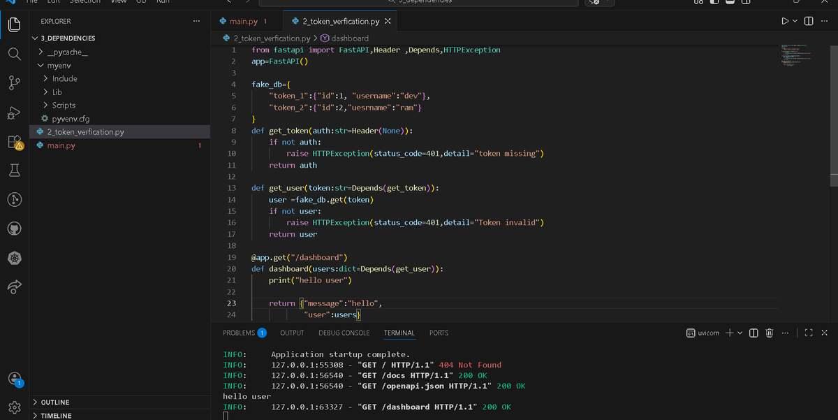 diwa810's tweet photo. Day 23 of #genAI+#Backend
Implemented header-based authentication using Dependency Injection in #FastAPI
Flow:
Request
→get_token()
→get_user()
→/dashboard
Used:
•Header()
•Depends()
•HTTPException
#Python #Backend #APIs #python #coding #Authantication https://t.co/bDfERrKUb4