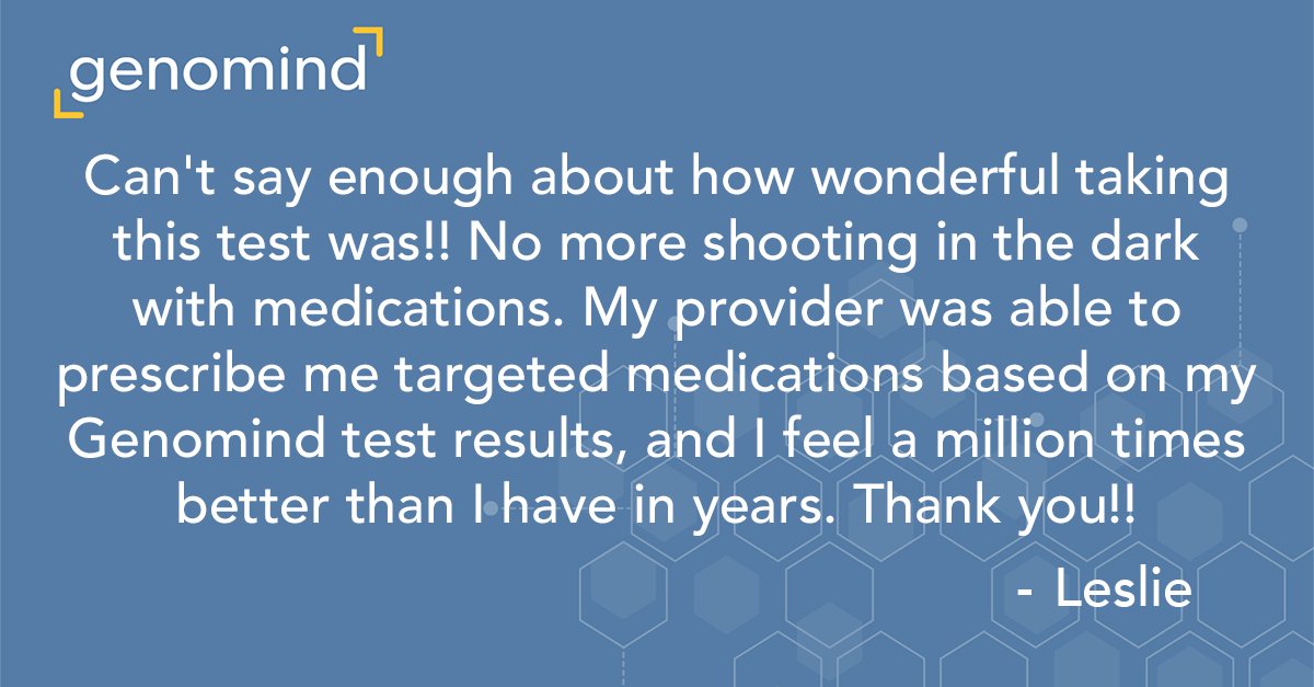 After years of trial and error, Leslie finally stopped “shooting in the dark” with meds. Our PGx test helped her and her provider choose options that work for her body.

Get genetics-informed insights for your care. Ready for meds that work? genomind.com/solutions/geno…