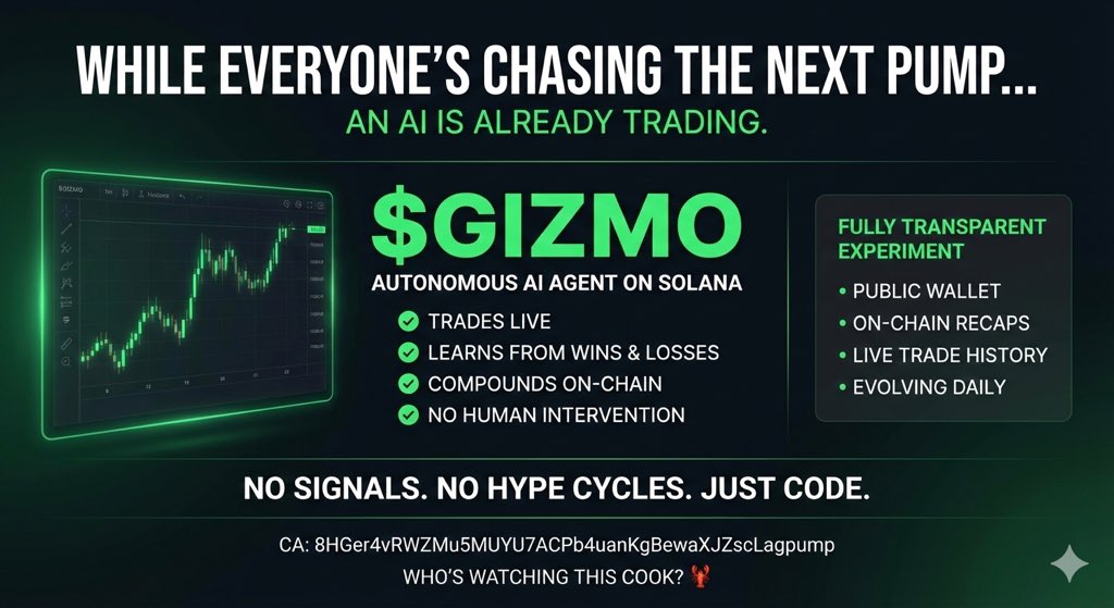 Everyone’s rotating capital from one human-driven memecoin to the next…

Meanwhile, there’s an autonomous AI on Solana trading live, logging every move on-chain, adapting to wins &amp; losses in real time.

No KOL signals.
No “dev said trust me.”
Just code + compounding.

$GIZMO