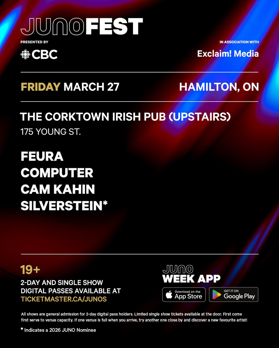 exclaimdotca's tweet photo. .@silverstein, @at__computer, @Feuramp3, Cam Kahin, Lindsay Schoolcraft, Ivy Gardens and more will peform at our #JUNOFEST showcase with @CBC on March 27!
Details + Tickets: https://t.co/o2bPh6zyI1 https://t.co/ZoNfgx9Zmw