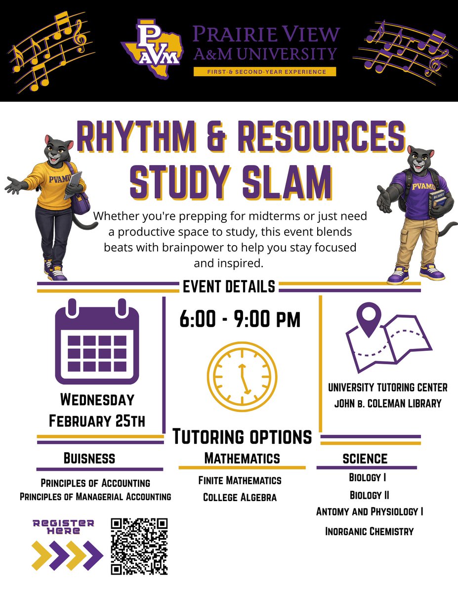 PVAMU's tweet image. Join us February 25, 6–9 PM, at the University Tutoring Center for Study Slam. 

Scan the QR code or click the link to register: bit.ly/4qE56RS

#StudySlam #StudentSuccess #PVAMU #FSYE