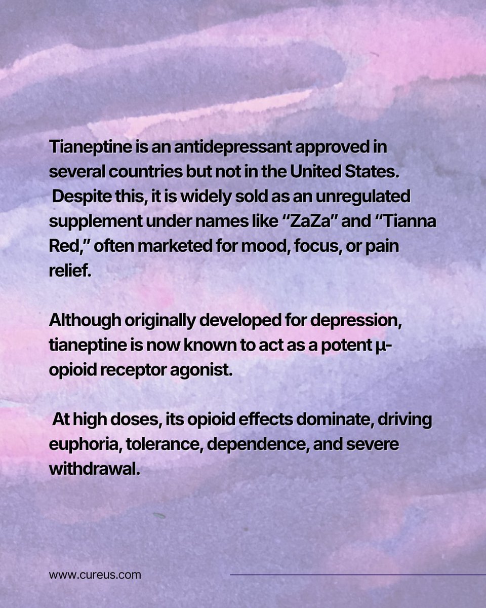 CureusPsych's tweet photo. Tianeptine is widely available, unregulated, and addictive. This case shows how it can worsen depression and suicidality. Regulation or education...which should come first?

Read more: https://t.co/fisR3QywPq

#Cureus #AddictionMedicine #Psychiatry #PublicHealth #MedEd https://t.co/ZXD9GGrosA