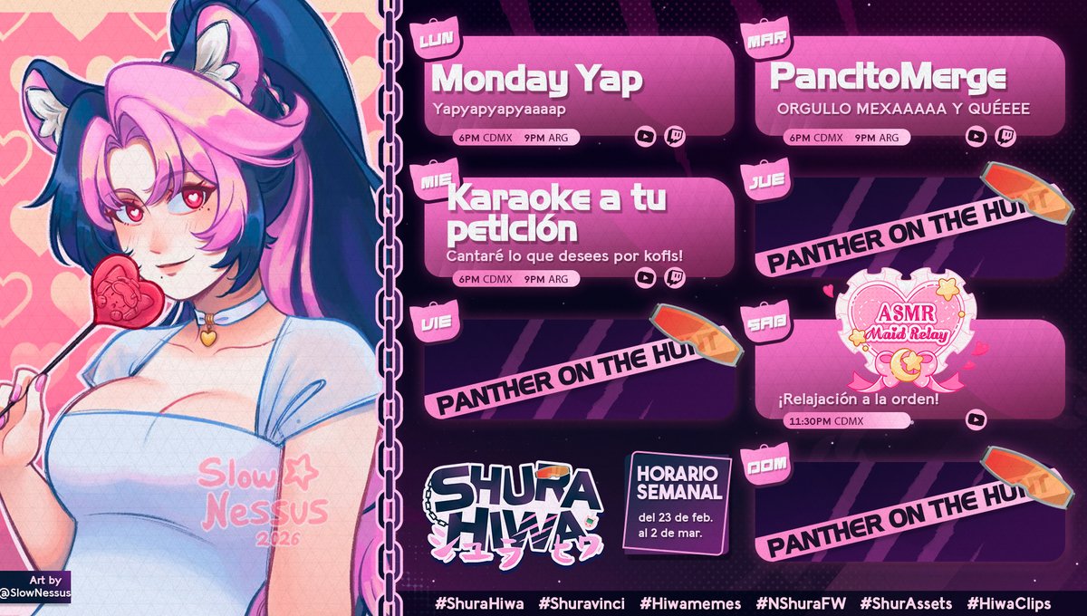 💥 CALENDARIO SEMANAL 💥

Posibles cambios en el horario de esta semana, ¡pero aún no sabemos!

General: #ShuraHiwa
Fanart: #Shuravinci
Memes: # Hiwamemes
🔞: # NShuraFW
Assets: # ShurAssets
Fan name: Pantcakes