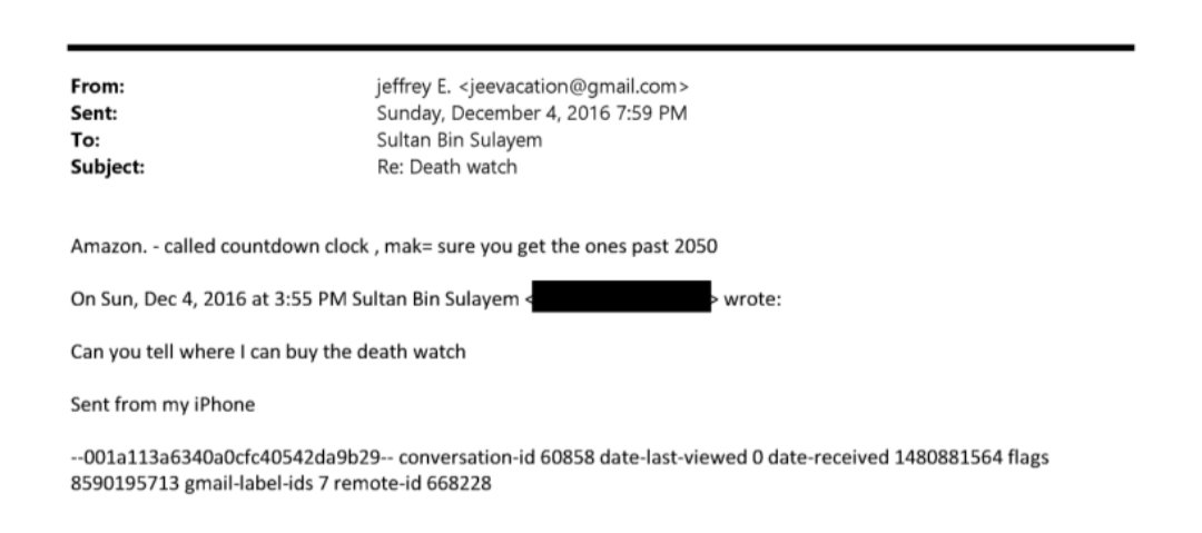 mdalwalidi's tweet image. حيرني من خلال ملفات ابستين انهم يحسبون الدنيا بالثانية حتى يستغلونها من اجل اشباع رغباتهم. 
سلطان بن سليم يسأل جيفري ابستين: من اين يمكنه شراء ساعة الموت؟ يرد ابستين من امازون، اختار الساعة التي تتجاوز عام ٢٠٥٠!
ثم يعد له ابستين كم الثواني التي تبقت لسلطان ليمارس فيها الدعارة!