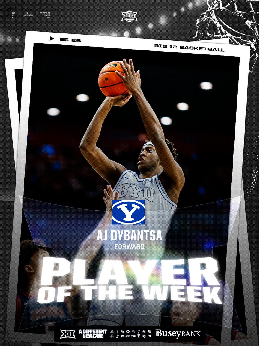 February 2⃣3⃣ <a href="/Busey/">Busey</a> #Big12MBB Player of the Week 🏅

AJ Dybantsa | <a href="/BYUMBB/">BYU Men's Basketball</a>