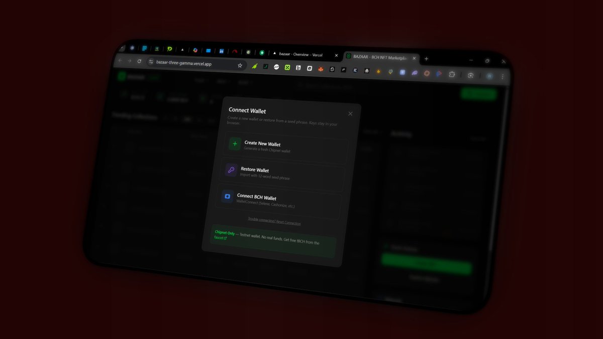 _BazaarNFT's tweet photo. Start with zero setup. Create an in-app wallet with a seed phrase, or connect your existing BCH wallet via WalletConnect. Your keys, your NFTs.
No bridge. No wrapped tokens. Pure BCH https://t.co/89RqFhObn7
