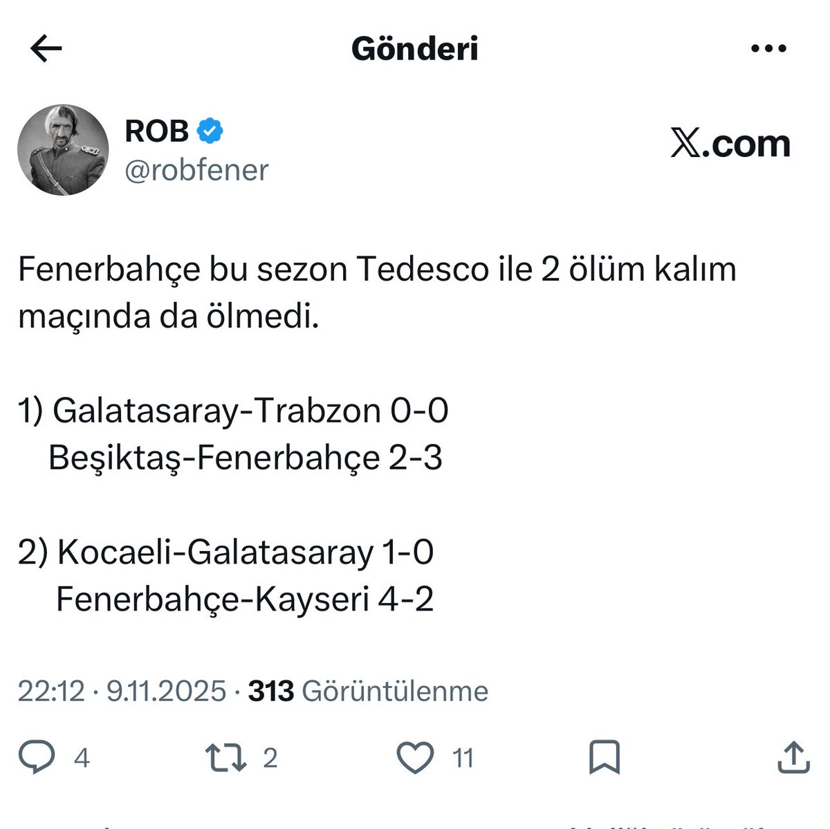 Neymiş Tedesco kovulmalıymış. Balık hafızalı olmayın. Puan farkını ikiye düşüren bu adamdır. Her maçını kazanamazsın. Namağlup şampiyon olacağız. İnanıyorum, devam.