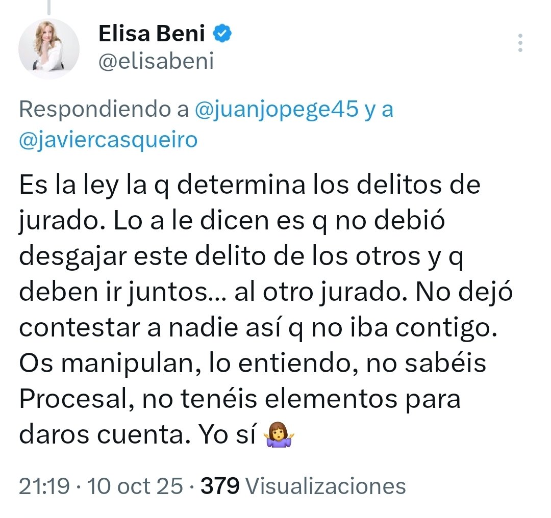 Un cordial saludo a la imparcial y objetiva experta en tribunales y derecho procesal <a href="/elisabeni/">Elisa Beni</a>.