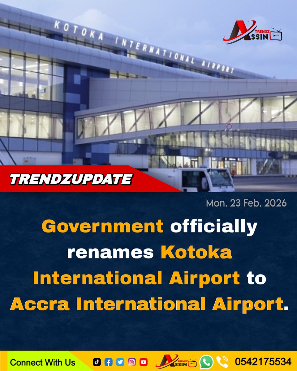 AssintrendzTv's tweet photo. Government officially renames Kotoka International Airport to Accra International Airport.

#assintrendztv #trendzupdate #trendingpost #trendingnow #NewsAlert #NewsUpdate https://t.co/Xe6a2WT3De