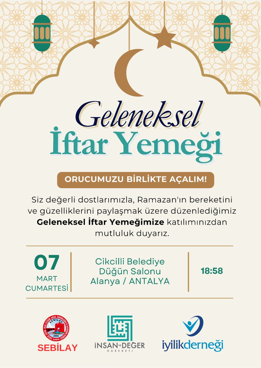 sebilayder's tweet photo. Geleneksel iftar yemeğimize davetlisiniz .
#sebilay #alanyaiyilikdernegi #idh #gdh #Alanya #palastine #aldap #adap  @kudus_platformu #Syria
#DoğuTuerkistan #Anlamvedegerdergisi https://t.co/cGQ4HbTksq