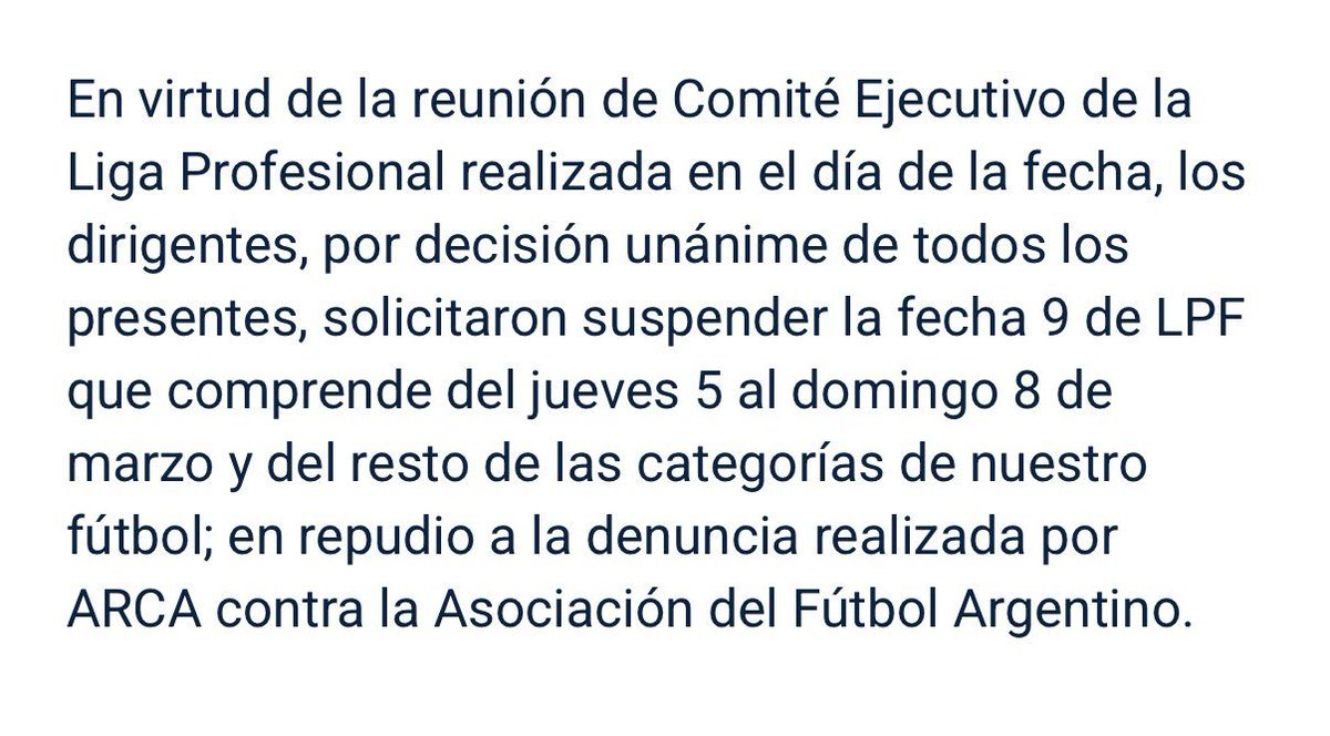 la12tuittera's tweet photo. 📋El COMUNICADO de @LigaAFA SUSPENDIENDO el fútbol argentino en su fecha 9, entre el 5 y el 9 de marzo.

▶️#Boca posterga su partido ante Central Córdoba en Santiago del Estero, del 8 de marzo a las 19.15. https://t.co/dSnixLpcsm
