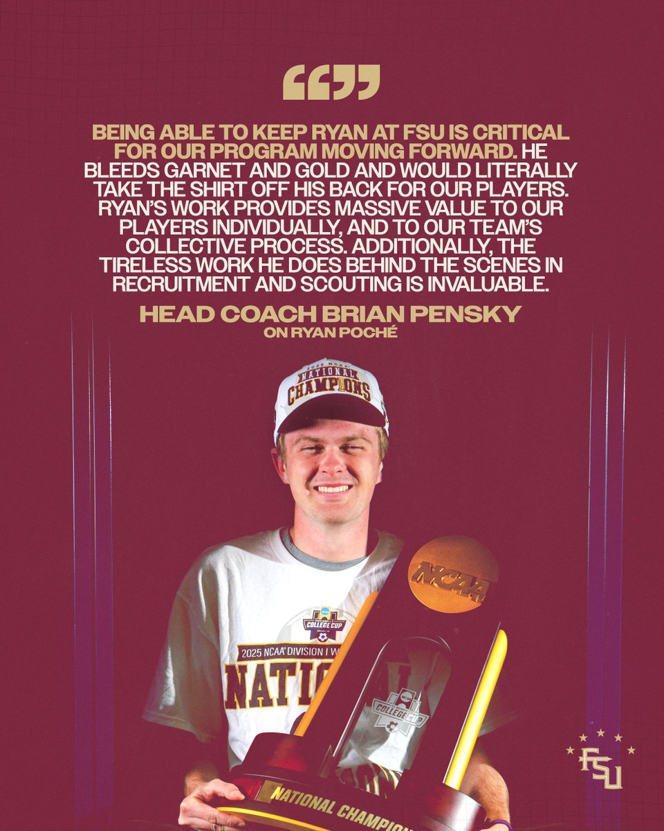 FSUSoccer's tweet photo. Ryan has been an invaluable member of our program the last 2 years, and we're excited to have him continue to play a role in our championship pursuits. https://t.co/BHN30PKwCm