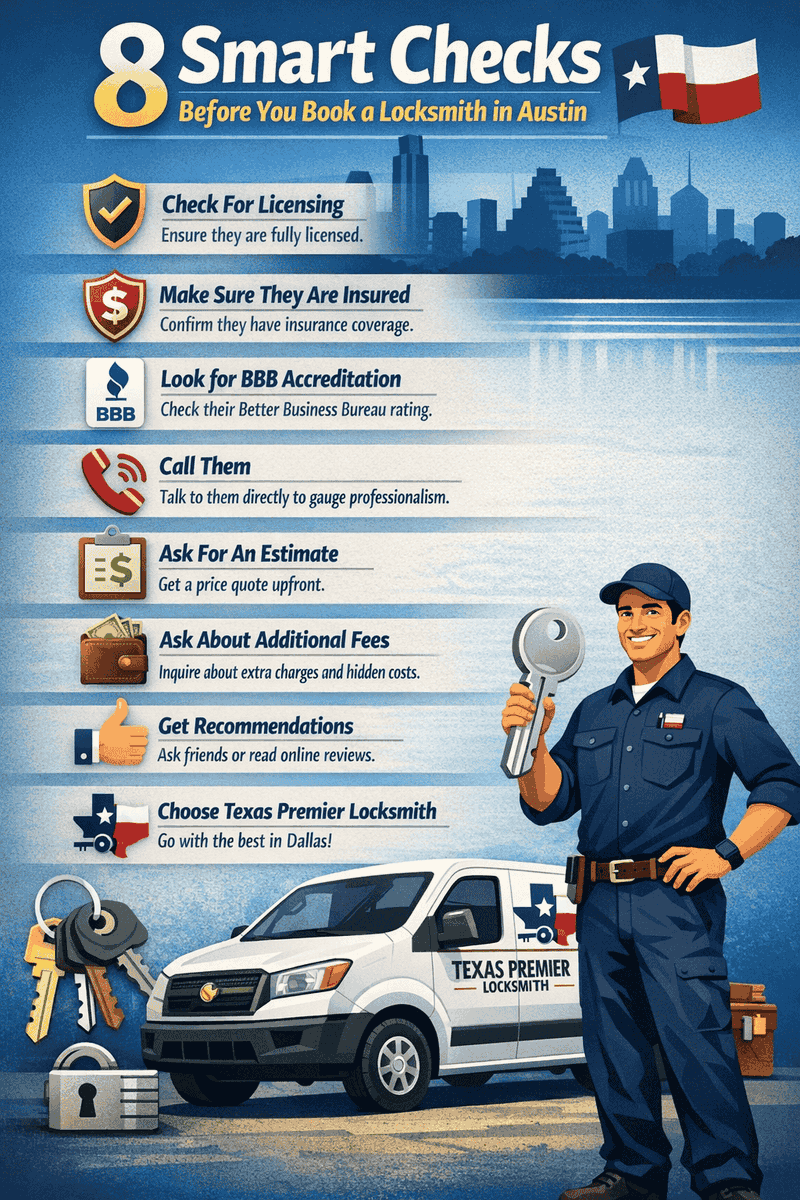 txpremierlock's tweet photo. Locked out or need better security in Austin? 
Before hiring a locksmith, check licensing, insurance, BBB rating, upfront estimates &amp; hidden fees. A few smart checks can save you time, money, and stress.
Choose experience. Choose reliability.
Learn more: https://t.co/ZANbsEUQkm https://t.co/AjRvHTsqU2