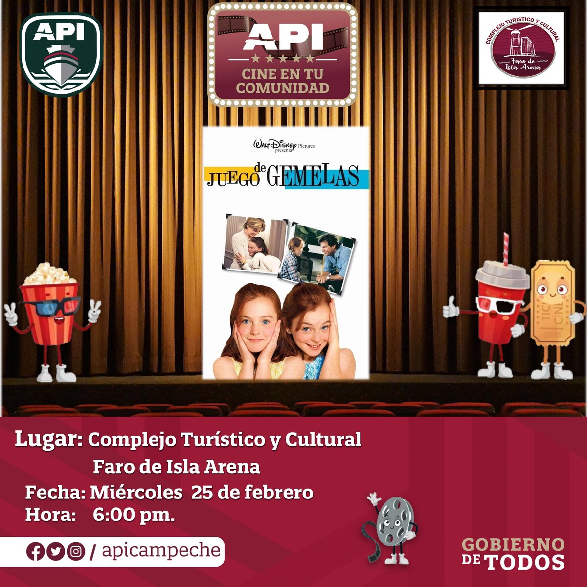 apicampeche's tweet image. Isla Arena | #APICAM | #DirecciónDeVinculación
📷 📷📷 #APICINE 📷📷
📷 𝗙𝗲𝗰𝗵𝗮: Miércoles 25 de febrero 
📷 𝗛𝗼𝗿𝗮𝗿𝗶𝗼: 6:00 PM.
📷𝗟𝘂𝗴𝗮𝗿: Complejo Turístico y Cultural Faro de Isla Arena.
📷¡Les esperamos!    #AccesoLibre.