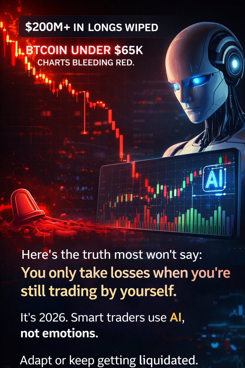 superhumanryze's tweet photo. $200M+ in longs wiped.
Bitcoin under $65K.
Charts bleeding red. 📉
Here’s the truth most won’t say:
You only take losses when you’re still trading by yourself.
It’s 2026.
Smart traders use AI, not emotions.
Adapt or keep getting liquidated.
#AVORA #Bitcoin #Crypto #AITrading #BuyTheDip.