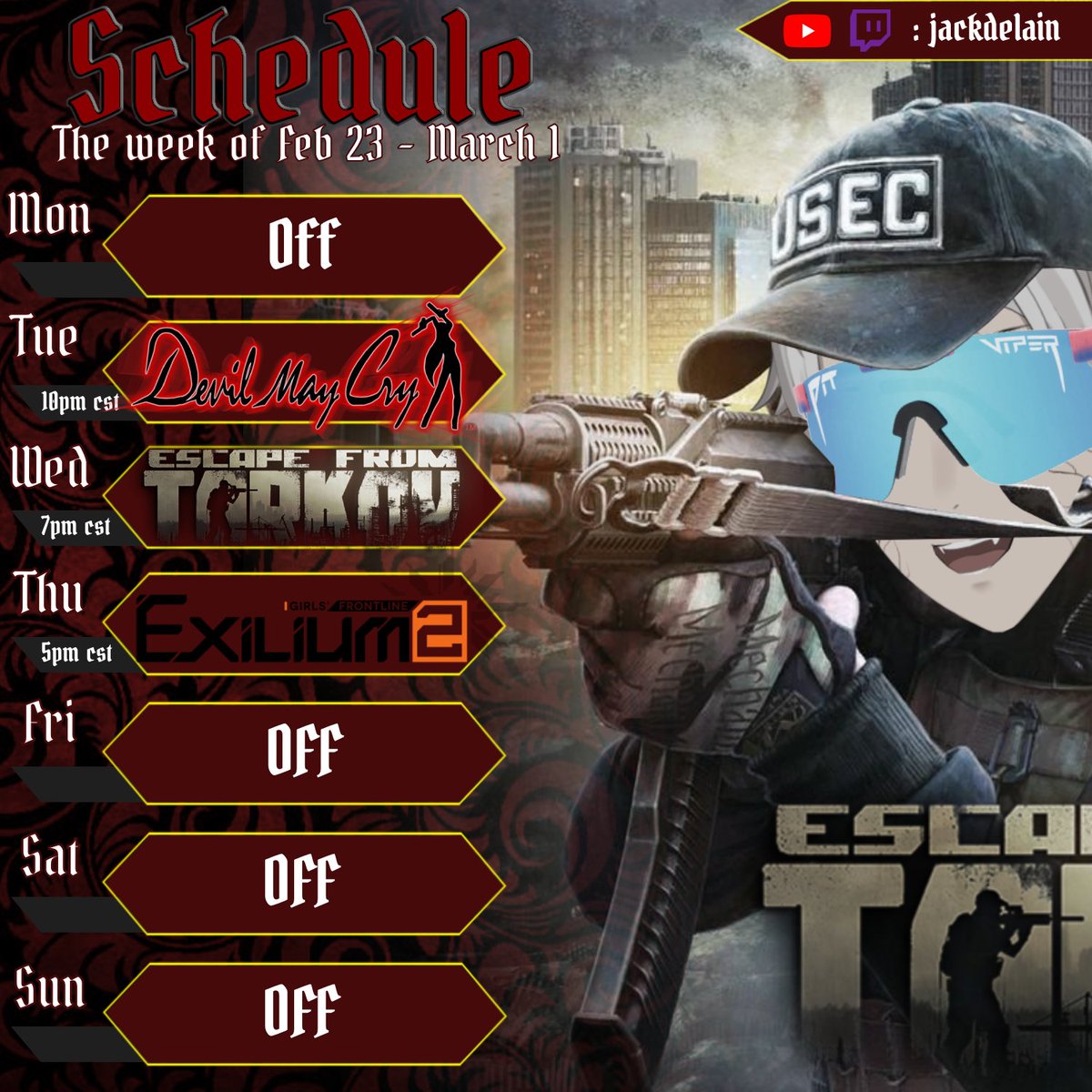 🔥🗓️SCHEDULE🗓️🔥
Oh yeah I'M TARKIN IT
Also new story content for GFL2! BE THERE!! GET EXCITED!! #Vtuber