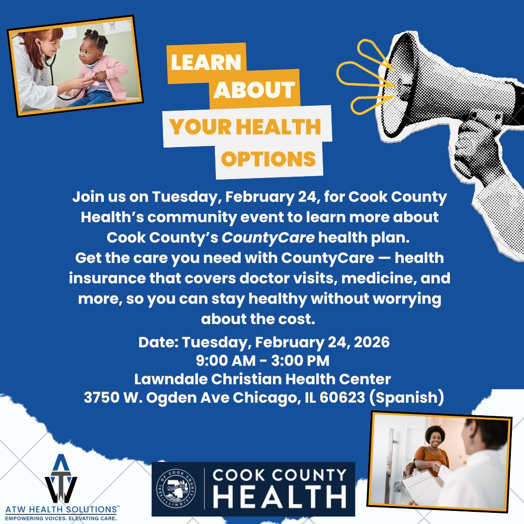 ATWHealth's tweet photo. Learn about your healthcare options with @CookCountyHealth and ATW Health Solutions on Feb 24 at Lawndale Christian Health Center. Discover how CountyCare covers doctor visits, medicine, and more. Spanish support available.

#CountyCare #CookCountyHealth #ChicagoHealth https://t.co/gNMRzzdb1o