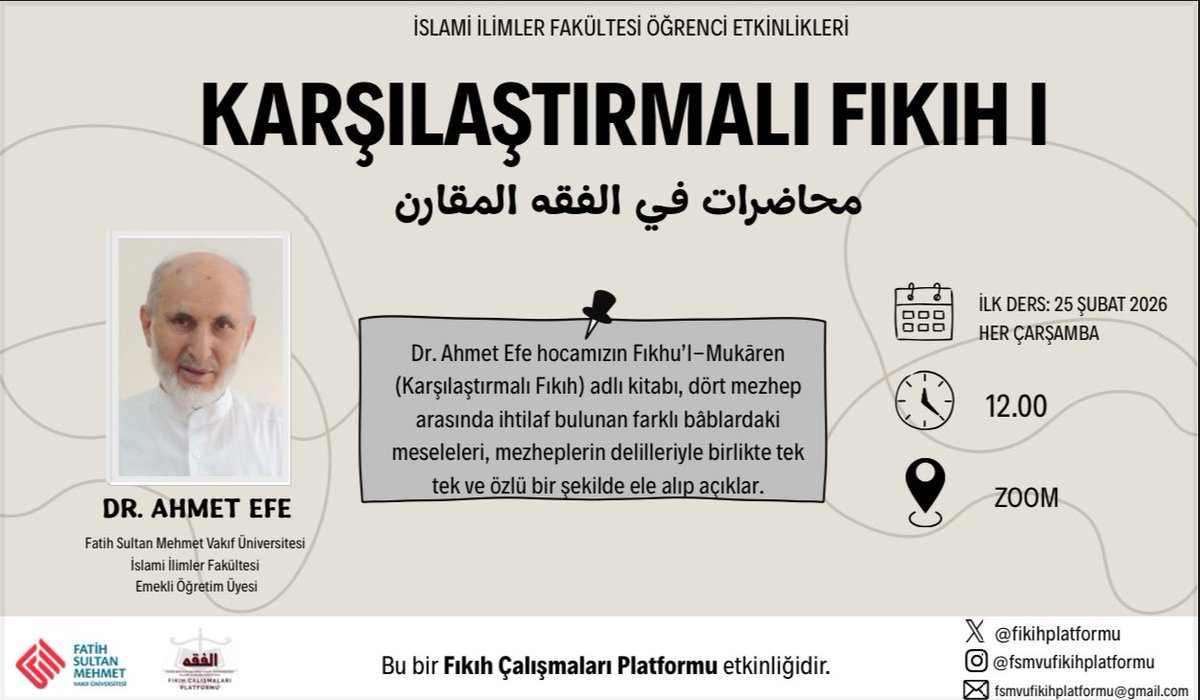 📚 Fıkhu’l-Mukâren (Karşılaştırmalı Fıkıh) Dersleri Başlıyor!

Dört mezhep arasındaki ihtilaflı meseleler, delilleriyle birlikte özlü şekilde ele alınacak.
🎙️ Dr. Ahmet Efe
🗓️ Çarşamba 12.00 | Zoom

Kayıt: WhatsApp 👉 chat.whatsapp.com/IgeIfA4LEoyCML…